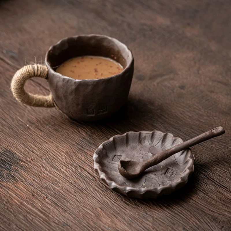 

Retro stoneware handmade coffee cup with coaster spoon ceramic cup breakfast milk retro mug drinking water single cup