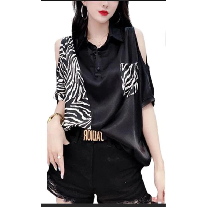 Summer New Streetwear Leopard Patchwork Off Shoulder Pullover Blouse Ladies Polo-neck Short Sleeve Shirt Top Women\'s Clothing
