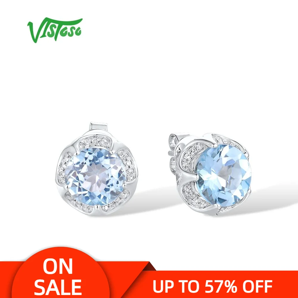 

VISTOSO 14K 585 White Gold Earrings For Women Sparkling Round Sky Blue Topaz Diamond Stud Earrings Anniversary Gift Fine Jewelry
