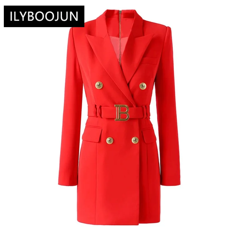 

blazer jacket women 2024 new office Designer Women's Long Sleeve Notched Collar Lion Buttons Double Breasted Belted Blazer Dress