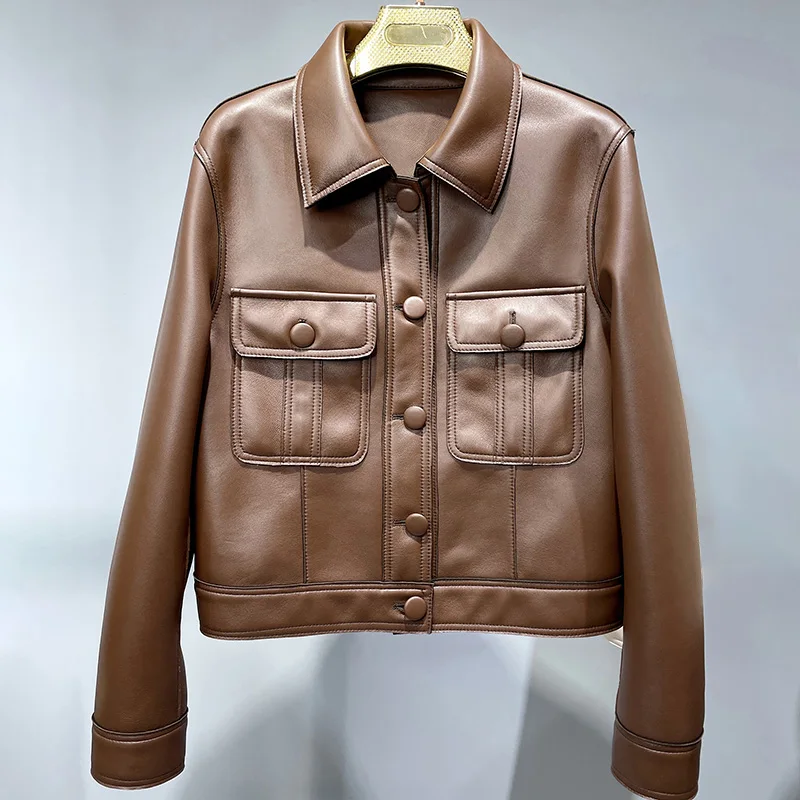 Leather Jackets Crop Biker Jackets 2022 New Autumn Women's Genuine Sheepskin Solid Single-Breasted Coats FG4032