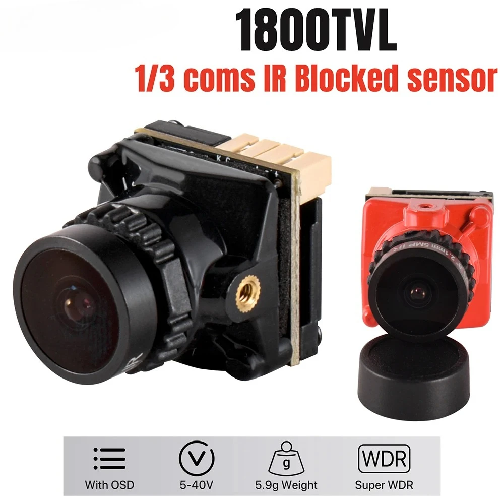 Caméra FPV 1800TVL 5MP 2.1mm Super WDR montée sur un drone de course, prête pour le vol.