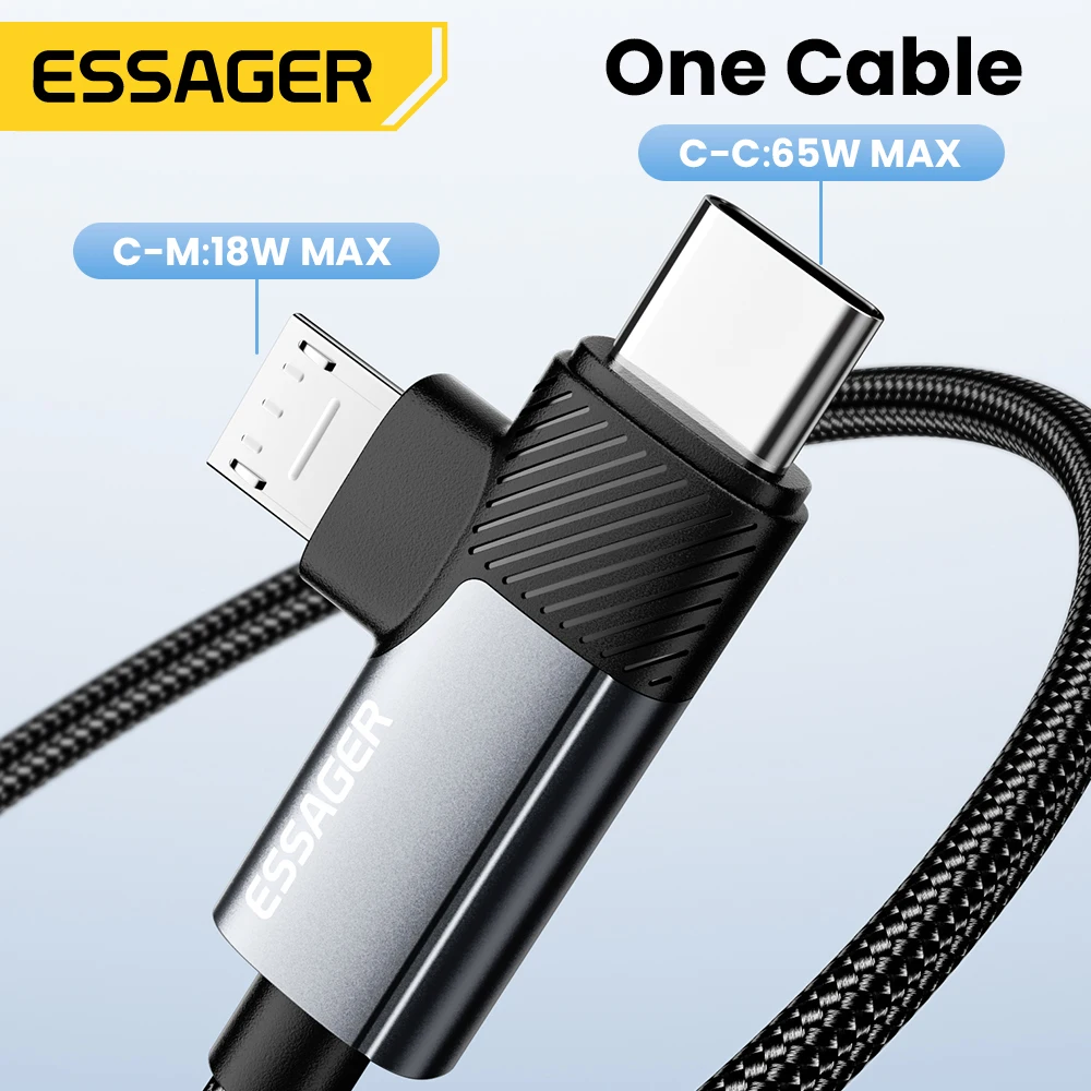 Essager 2 in 1 USB C Cable 65W PD Fast Charging Type C/USB A To Micro Cable For iPhone Samsung Xiaomi Huawei Redmi iPad Macbook