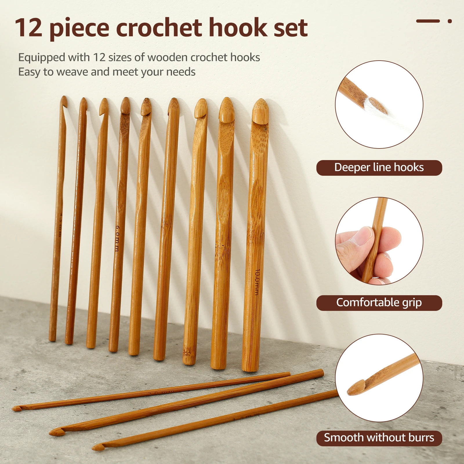 Yarn Bowl Holder with 12 Pcs Crochet Hooks Wood Yarn Bowl Curling Grooves Design Knitting Smooth Sewing organizer