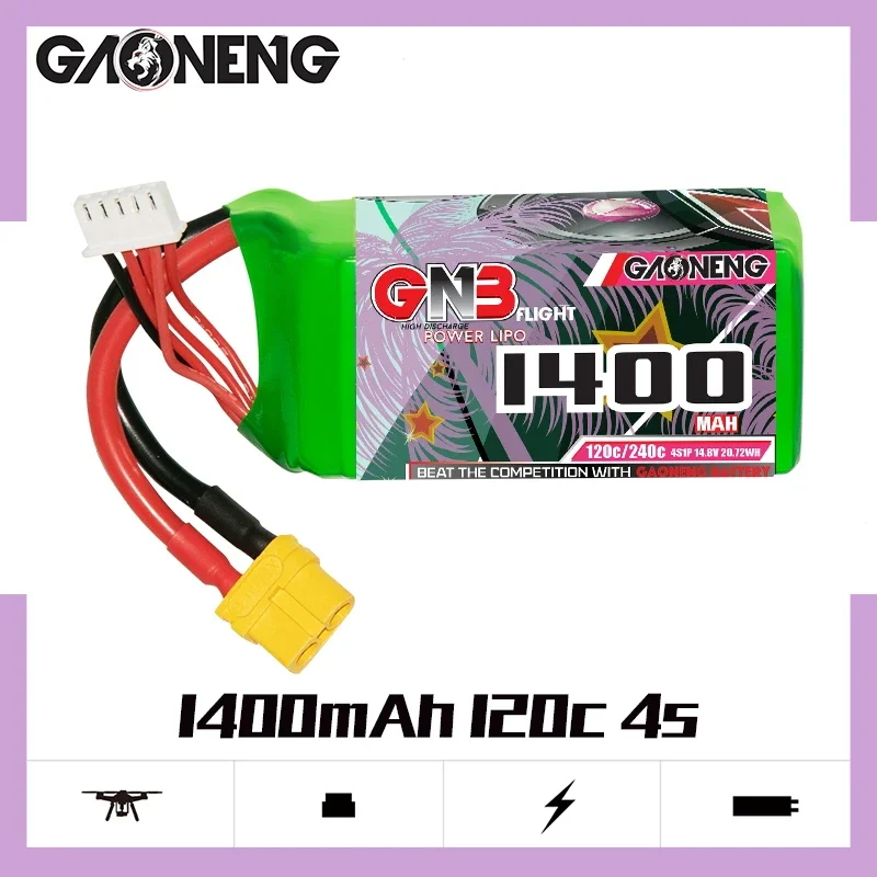 

GAONENG GNB 1400mAh 4S 120C 240C 14.8V XT60 LiPo Battery 5 to 6 inch Drone 180-330mm Brushless FPV Airplane Quads HeliCopter