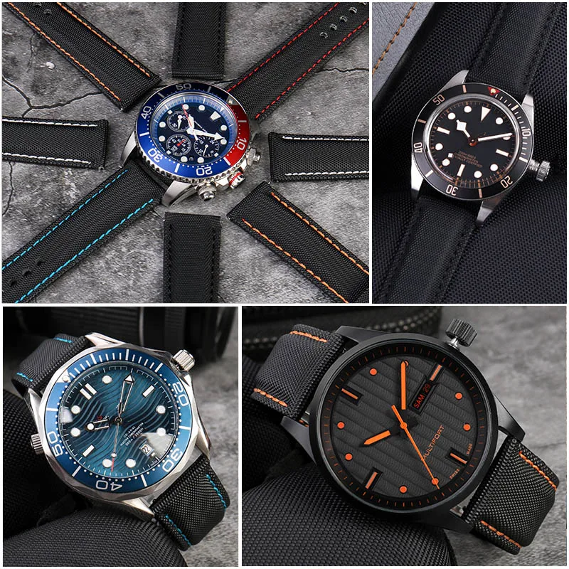 Vibrant Multi-Color Unisex Canvas Watch Band Bracelet - Blue, Orange, Black, Red Lines