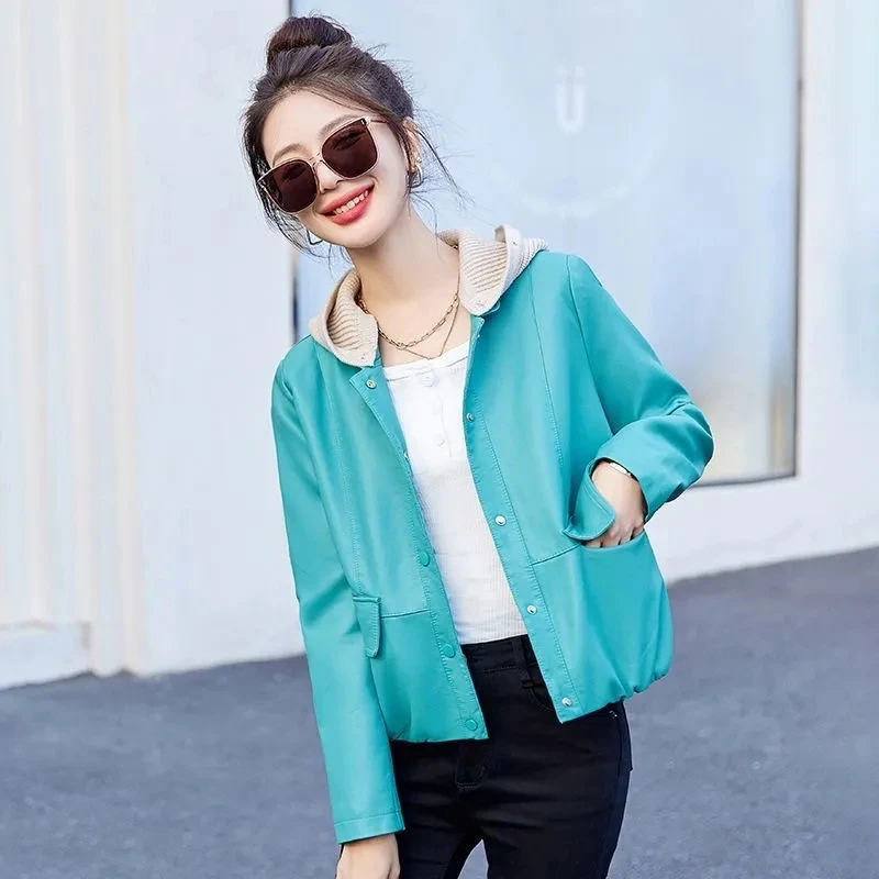 

Women's PU Leather Jackets 2023 Spring Autumn New Fashionable Hooded Loose Luxury Detachable Short Motorcycle Leather JacketLady
