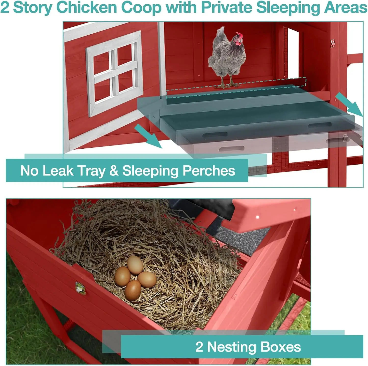 Mobile Chicken House with with Wheels, Outdoor Hen House Poultry Cage with Nesting Box, Leakproof Pull Out Tray and UV-Resistant 2