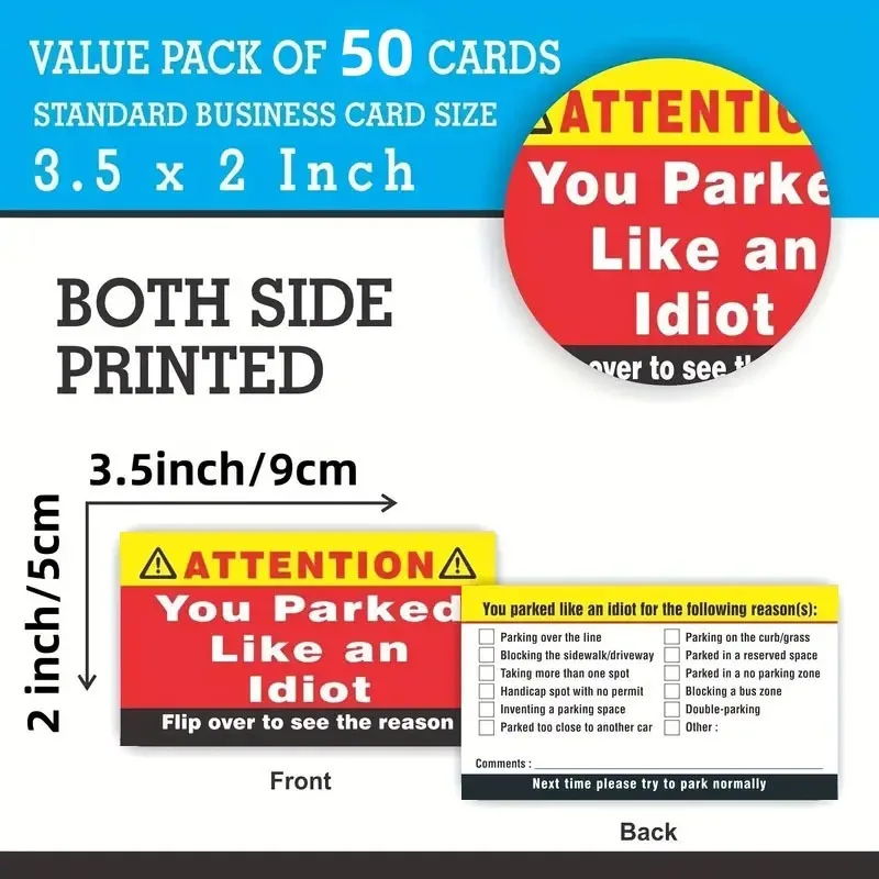 바보처럼 주차하세요 명함(50팩) 주차 카드 여러 가지 이유 위반 성인용 양말 속이기