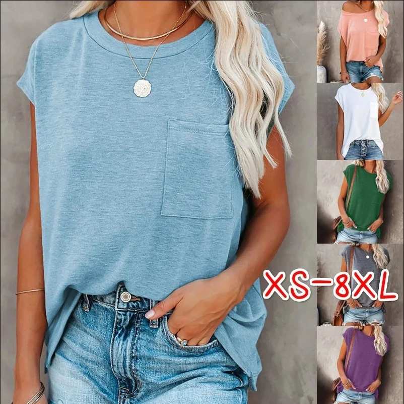 Summer Tops Fashion Clothes Women Casual Short Sleeve Pure Color Loose T-shirts Ladies Blouses Off Shoulder Round Neck Cotton 1