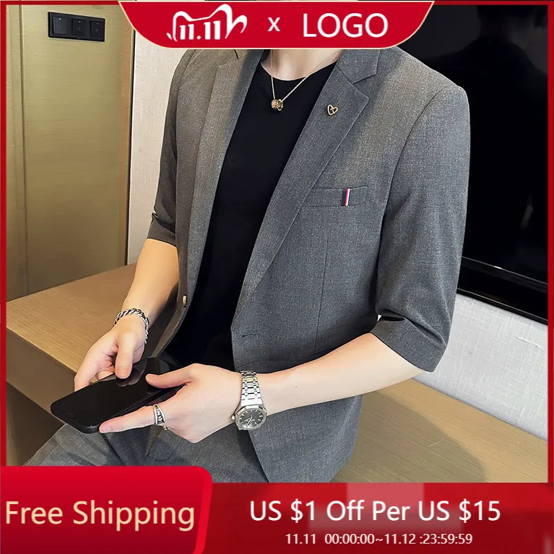 

Новый мужской летний костюм с рукавом средней длины (костюм + брюки в западном стиле), модный и красивый облегающий стиль, комплект из двух предметов с рукавом семь точек