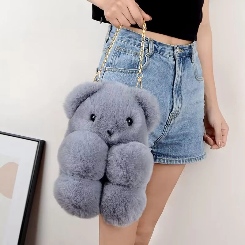 Bear Plush Crossbody Backpack Girl Messenger Bag Creative Cute Chain Bag Lovely Fluffy Girl's Cartoon