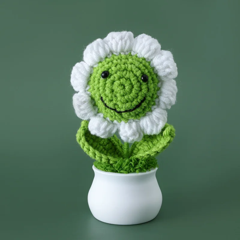 Finished Hand-Crochet Colorful Smiling Sunflower Handwoven Pot Flower Plant Cute Handmade Gift Home Desktop D&eacute;cor Car Decoration