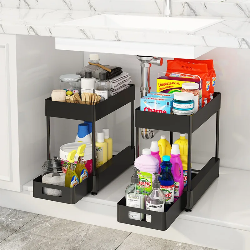 0107Under Sink Storage Organizer 2 Tier Drawer Multipurpose Rack Cabinet Under Sink Storage Rack Bathroom Kitchen Organizer