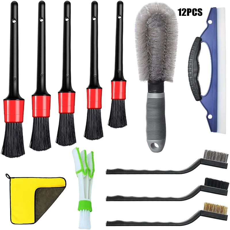 12PieceCarCleaningKitCarWindowWiperWheelBrushInteriorLeather
