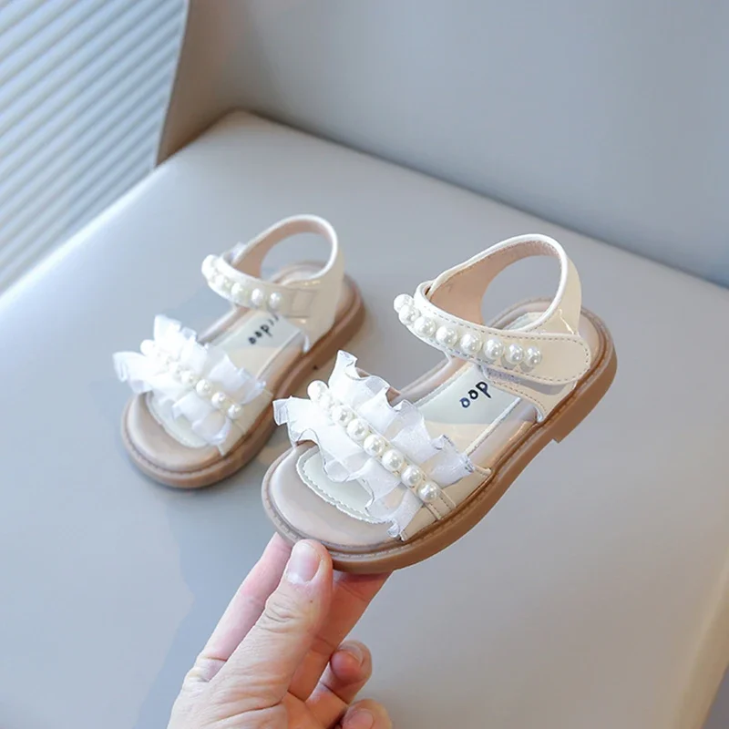 Girls Summer Sandals Kids Beach Shoes with Pearls and Lace