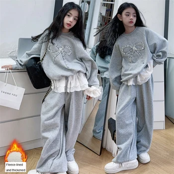 Girls' winter and spring fleece set - new style fashionable bow tie hoodie plus Fake 2 piece casual pants with lace trim 1