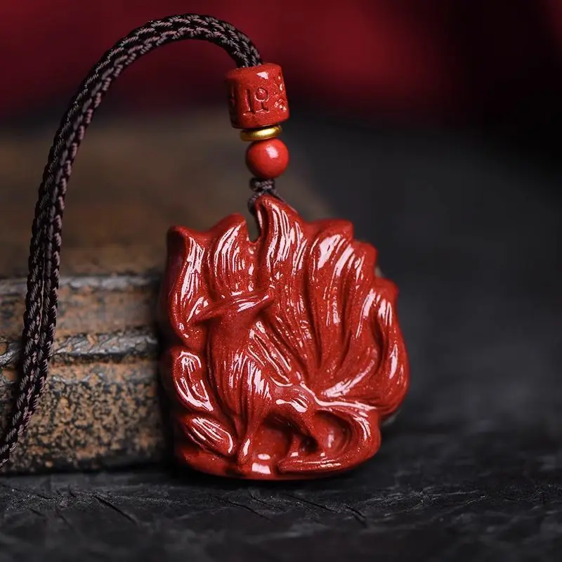 Natural Raw Gemstone Cinnabar Nine-Tail Fox Men's Pendant Pendant Genuine Goods Necklace Female Fox
