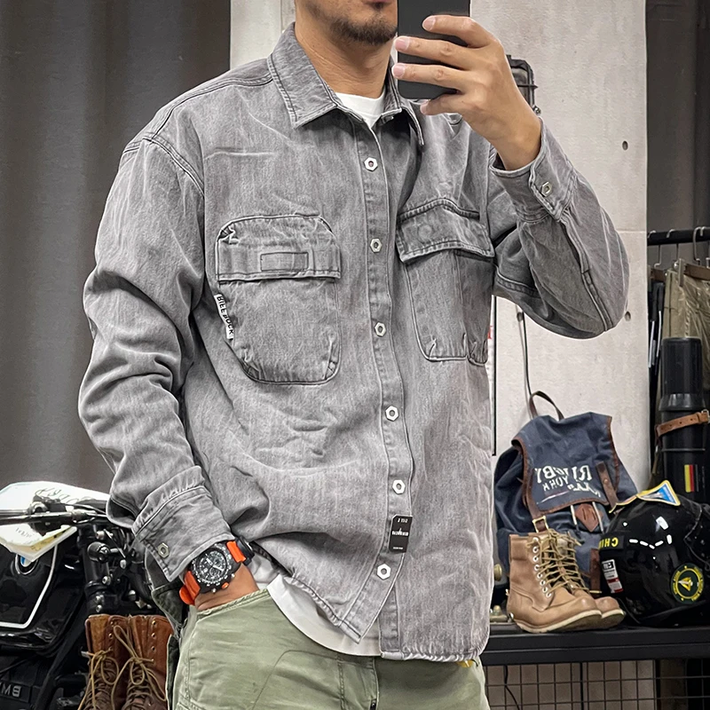 Denim Shirt Long Sleeved Shirt Spring and autumn American vintage heavy wash vintage color pocket loose for men