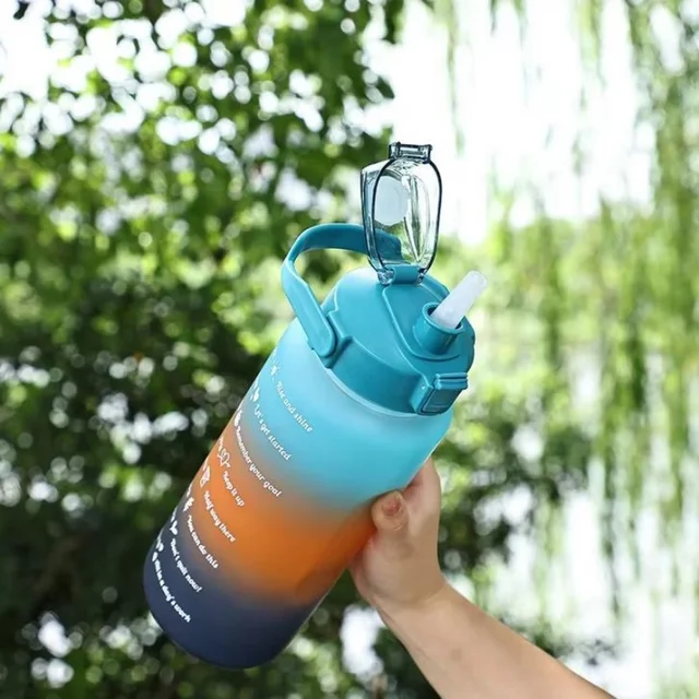 2L Outdoor Large Capacity Water Bottle Plastic Cup Bounce Cover Portable Leakproof Straw Cup Time Marker Gradient Gym Bottles 6