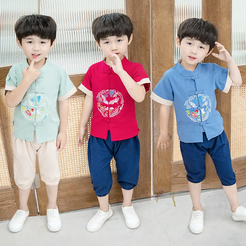 

New Boys Role Play Costume Chinese Style Vintage Button Short Sleeve Tang Suit Traditional Ancient Printing Hanfu Two Piece Set