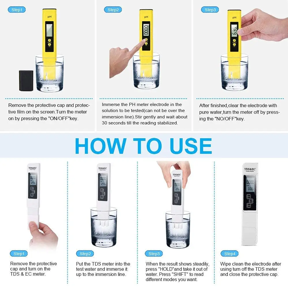 TDS Meter Digital Water Tester High Accuracy Digital 0-14 PH Meter Tester 0-9990ppm TDS&EC LCD Water Purity PPM Aquarium Filter 4