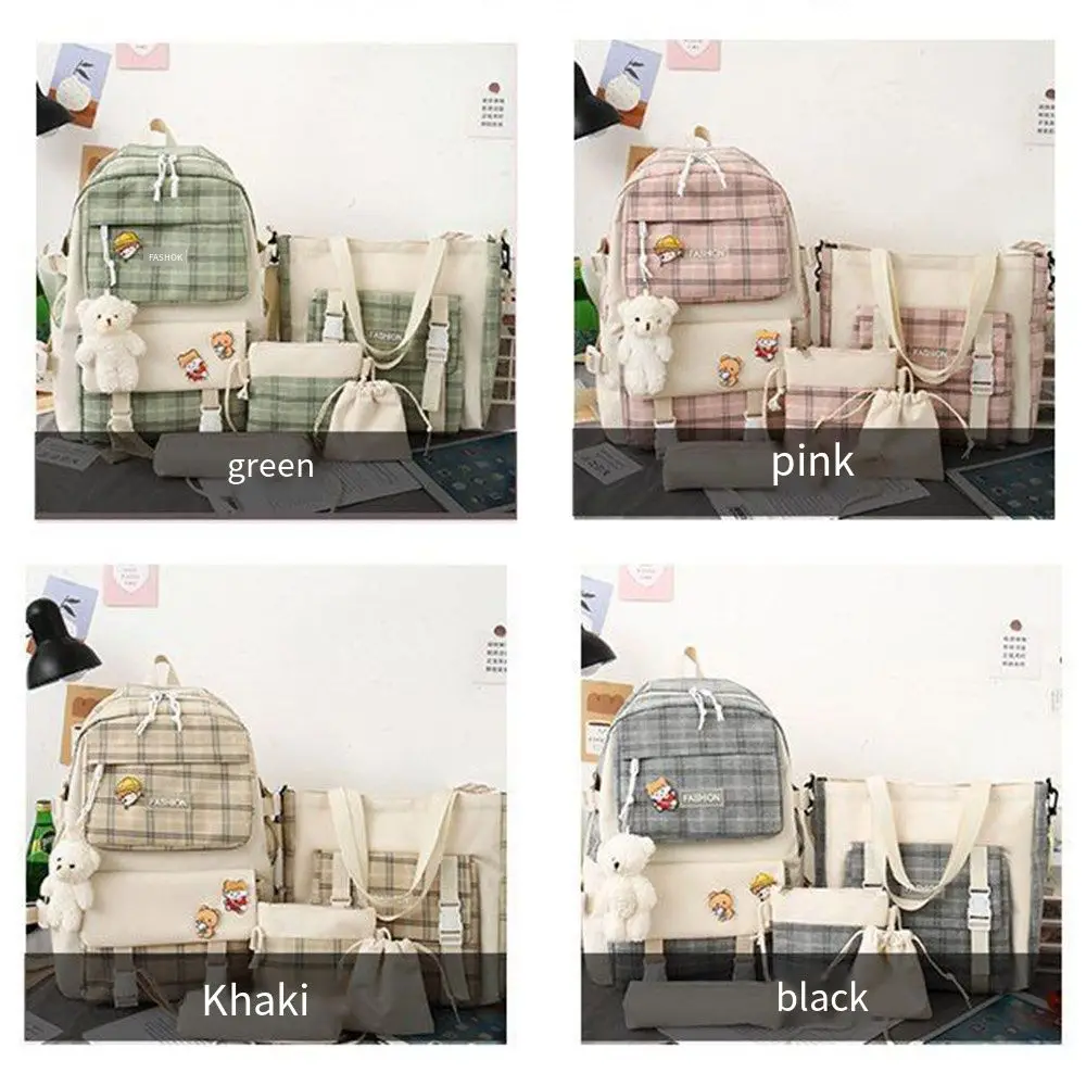 Backpack Japanese Cute Plaid Primary School Schoolbag Women's Korean Version Trend Backpack Five Piece Set Backpack 4