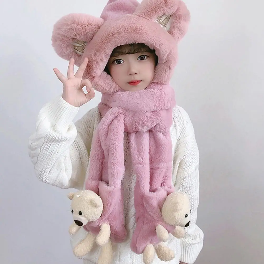 Kids Hat Neck Scarf Gloves Set 3 In 1 Cute Thickened Plush Ear Protection Hat Cartoon Bear Decor Boys Girls Holiday