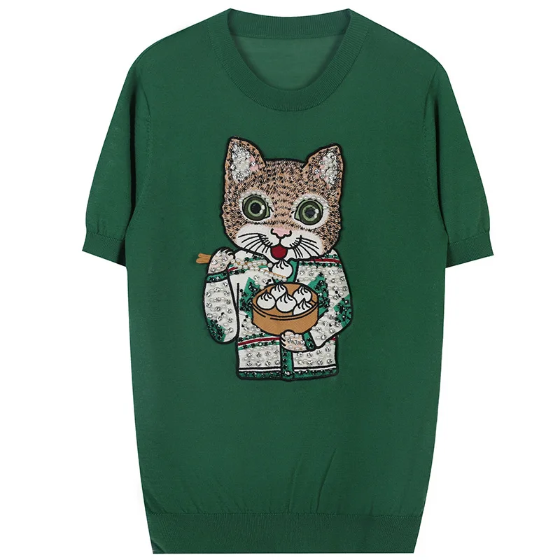 cable knit sweater SAYTHEN Spring New Women's Heavy Industry Beaded Diamond Cute Cat Embroidery Sweet Slim Round Neck Short-Sleeved Pullover YS2213 christmas sweatshirt