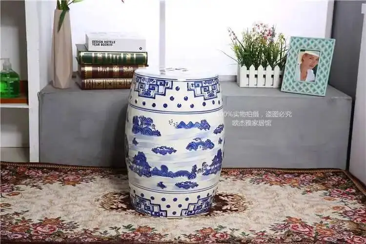 White Porcelain and Drawn Blue Shoe Hand Changing Stool Ceramic Drum Bathroom Neoclassical Imitation Sitting Stool Low Round