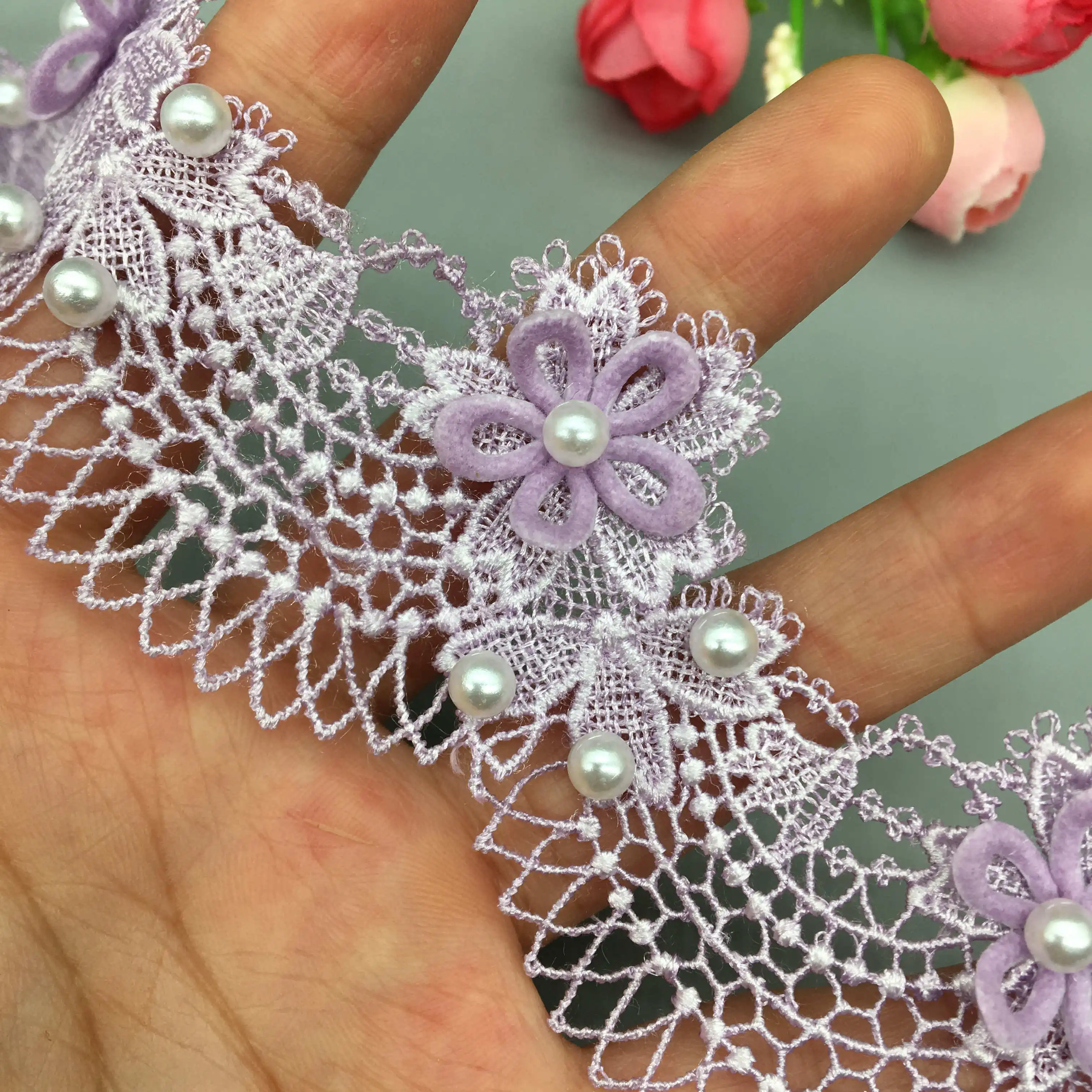 수용성 장미 꽃 진주 바다 파도 자수 레이스 트림 리본 원단, 바느질 공예 패치워크, 수제 장식, 1 야드