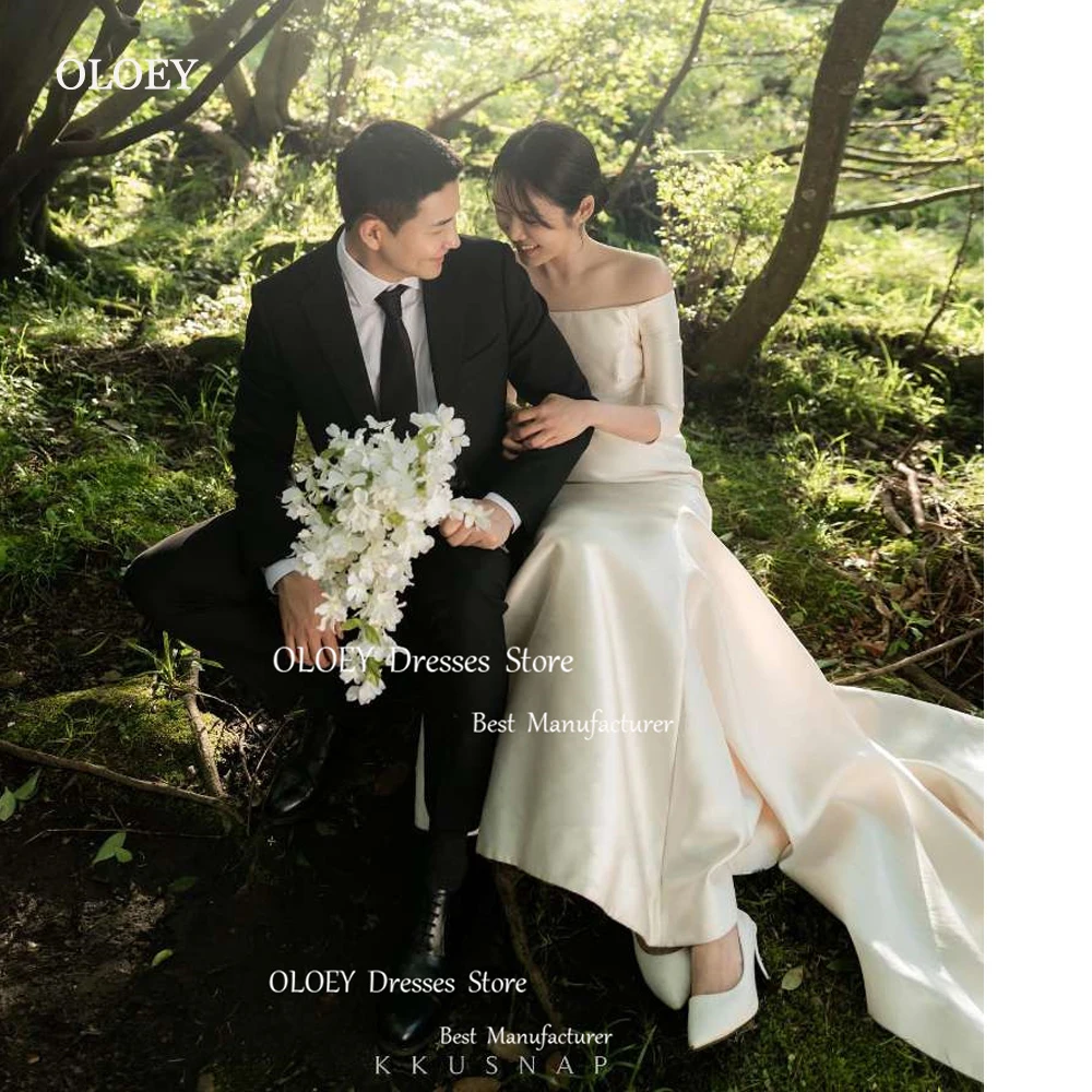 

OLOEY Simple A Line Satin Korea Wedding Dresses Off Shoulder Half Sleeves Bridal Gowns Photoshoot 2024 Custom Made