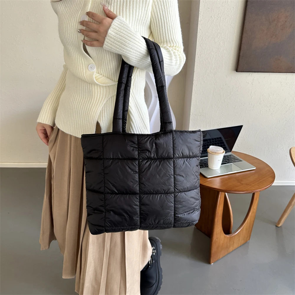 Women's Quilted Puffer Tote Bag - Large Lightweight Hobo Shoulder Bag, Quilted Padding Carryall Handbag (Black) - View #4