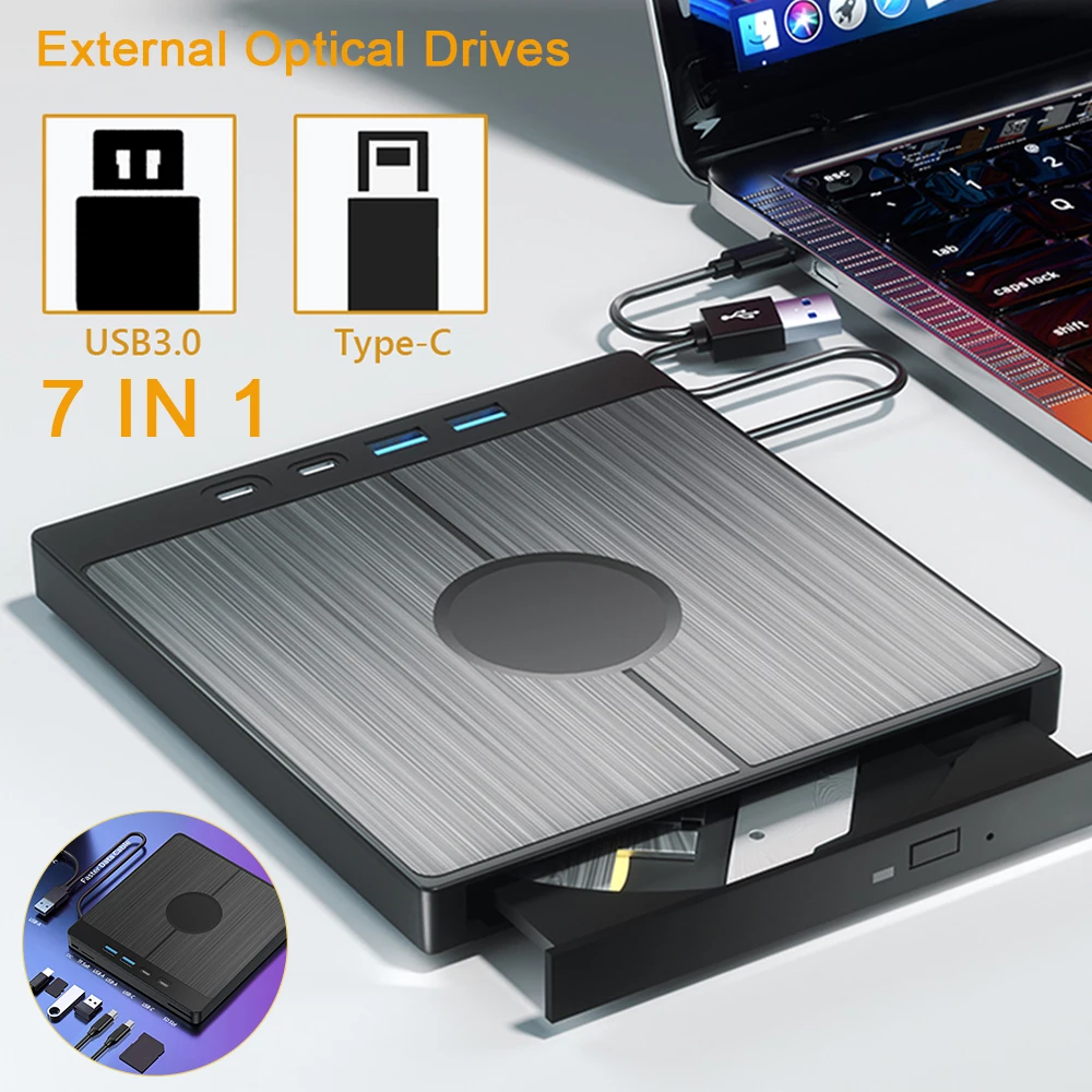 USB 3.0 타입 C 외장 CD DVD RW 라이터 드라이브, 버너 리더 플레이어, 광학 드라이브 CD/DVD 드라이브, 노트북 PC DVD 버너용, 7 in 1
