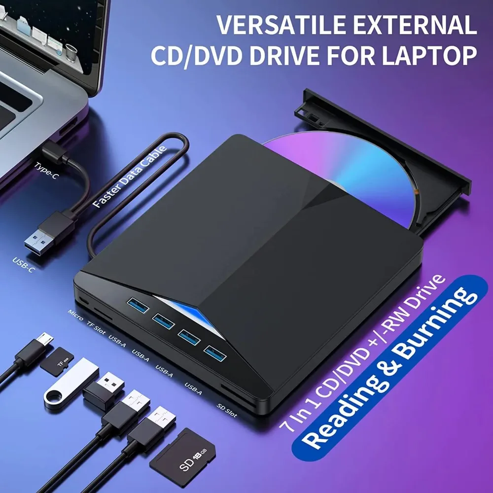 Multifunction DVD Player High Speed Data Transfer 7-in-1 Optical Drive USB 3.0 T