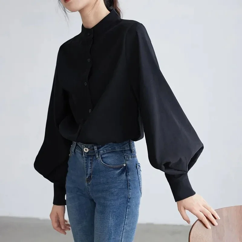 

Fashion Lantern Sleeve Blouse Women Single Breasted Stand Collar Shirts Office Ladies Work Solid Vintage Black Outwear Tops