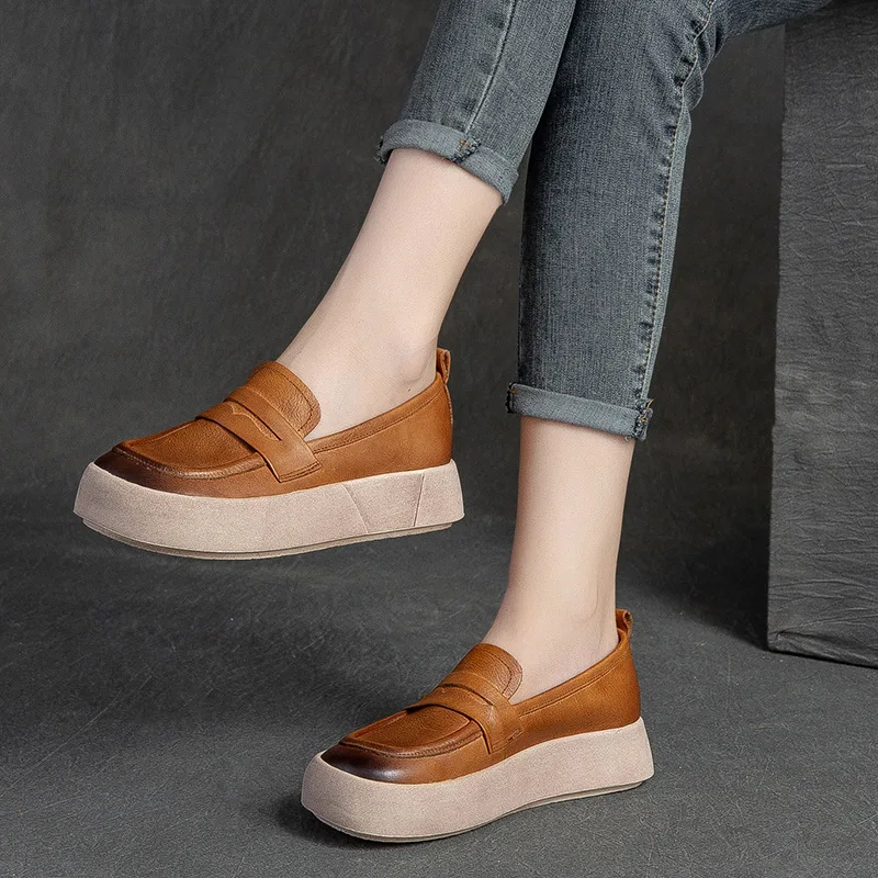 

Туфли-лодочки женские на танкетке, мягкая натуральная кожа, лоферы, повседневная обувь на танкетке, ручная работа, Ретро стиль, 2022