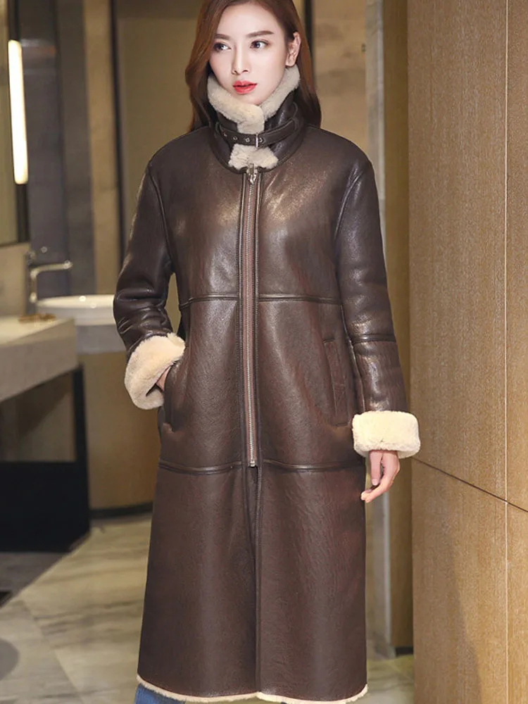 2023 New Winter Fashion Woman Genuine Sheepskin Shearing Leather Coat Long Jacket Wool Liner Thick Warm Clothing Plus Size XXXXL