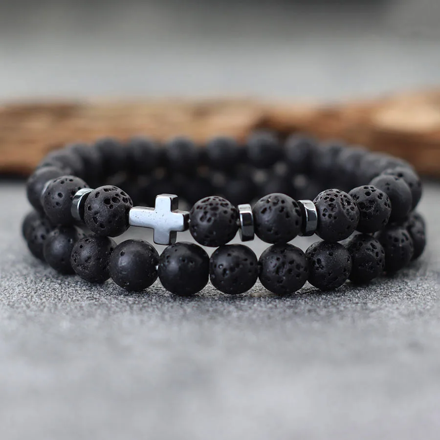 Men Wooden Cross Hematite Healing Beaded Wrap Bracelet Set