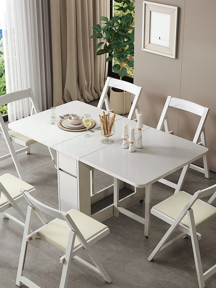 Tavolo in legno pieghevole salvaspazio da 1,3 m con set combinato di 0/2/4 sedie, tavolo da pranzo pieghevole per piccole famiglie. - immagine 3