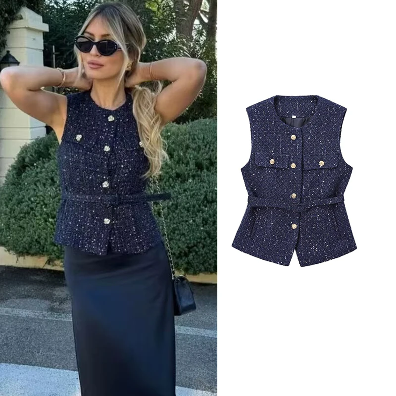 TRAF Vest Jackets Women's Autumn 2024 New Jacket Coat Fashion Slim Belt O-neck Street Joker Youth Coat Vest