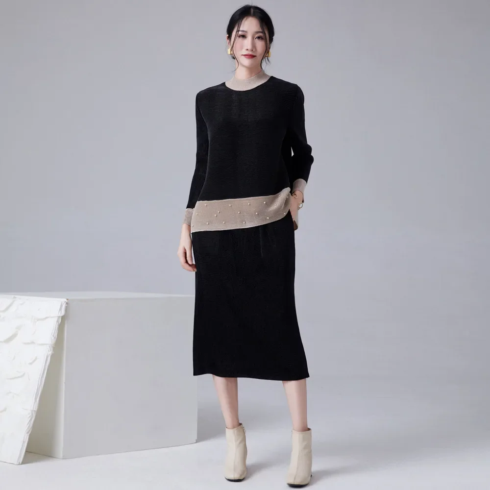 

Miyake Pleated Skirt Suit Gold Velvet New Suit 2023 Winter High-end Temperament Thin Hit Color Beading Two-piece Suit Clothing