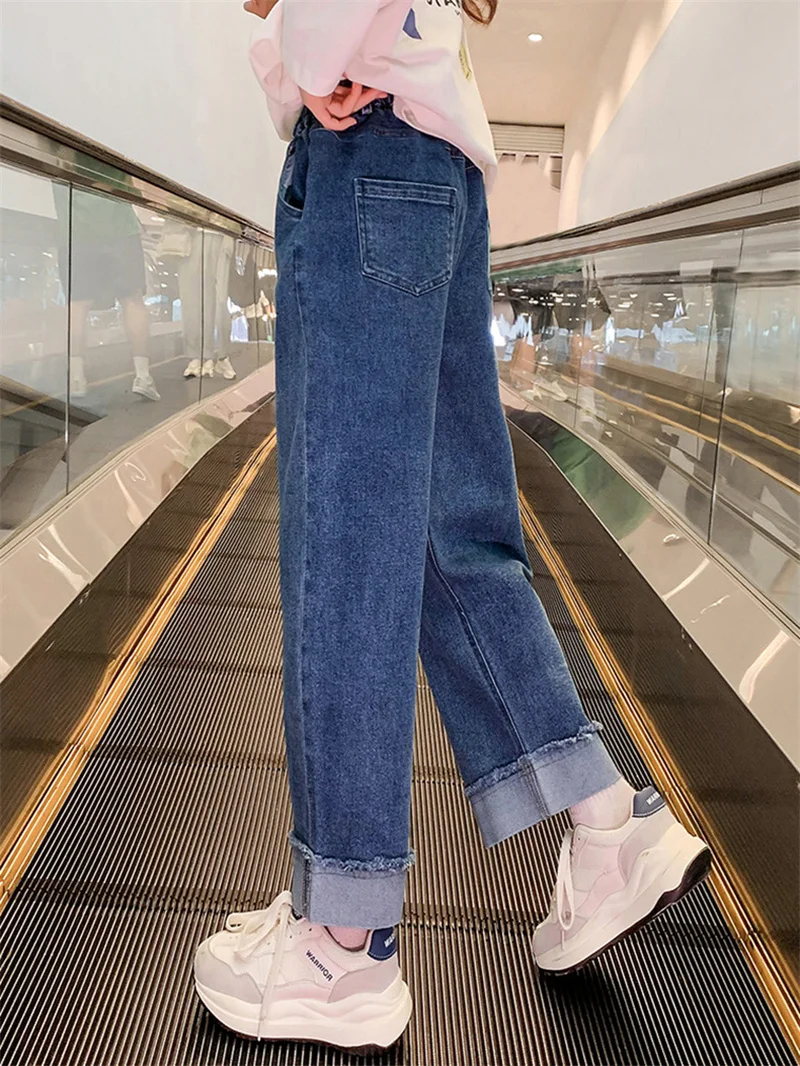 Girls Pants Kids Pants Girls Trousers Teen Padded Jeans Pants Girl Winter Casual Denim Wide Leg Kids Velvet Warm Autumn Children Fashion Straight Trousers