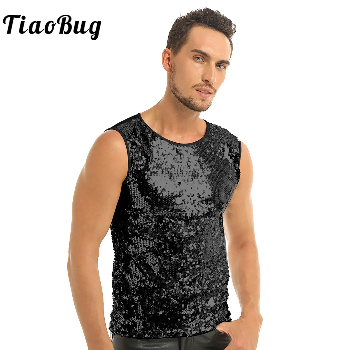

Mens Shiny Sequins Tank Top Glitter Slim Fit Rave Party Clubwear Hip Hop Jazz Show Dancing Performance Top Dance Costume