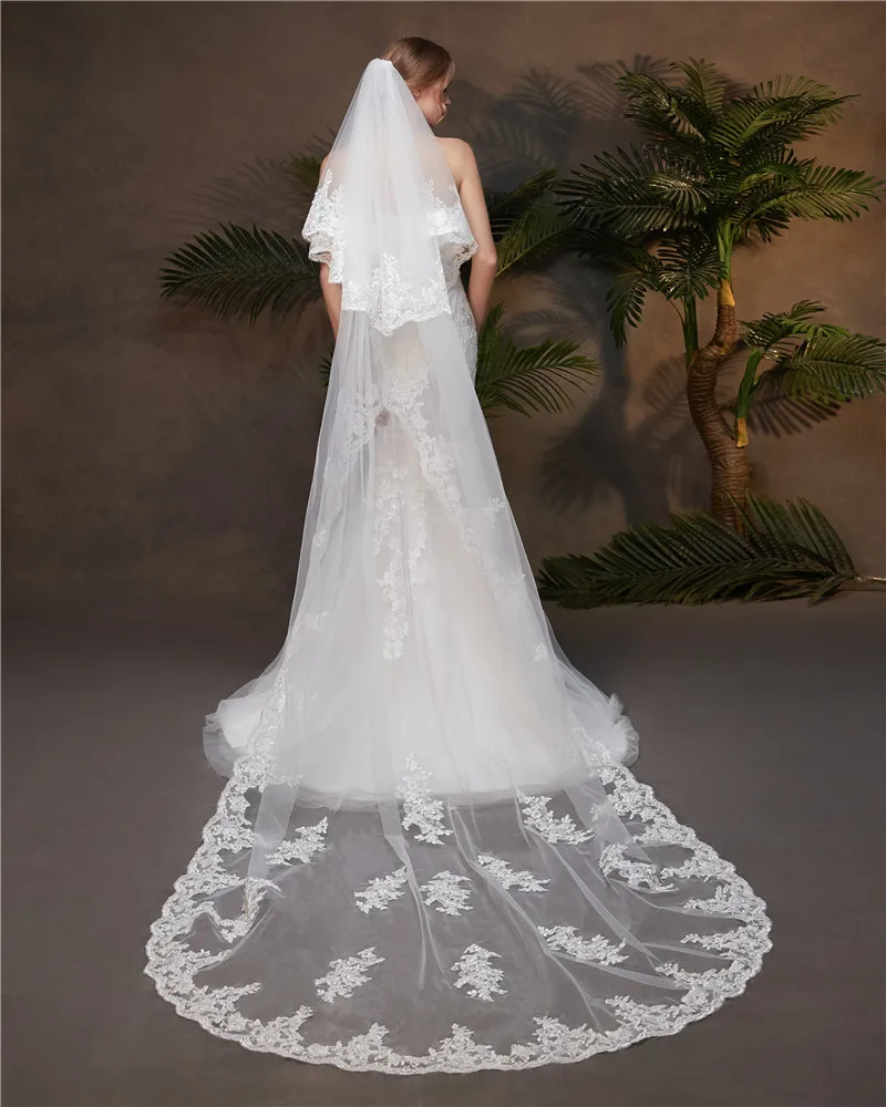 Layer 2 lace edge 3M cathedral wedding veil with comb for bride bridal veils accessories bridal veil
