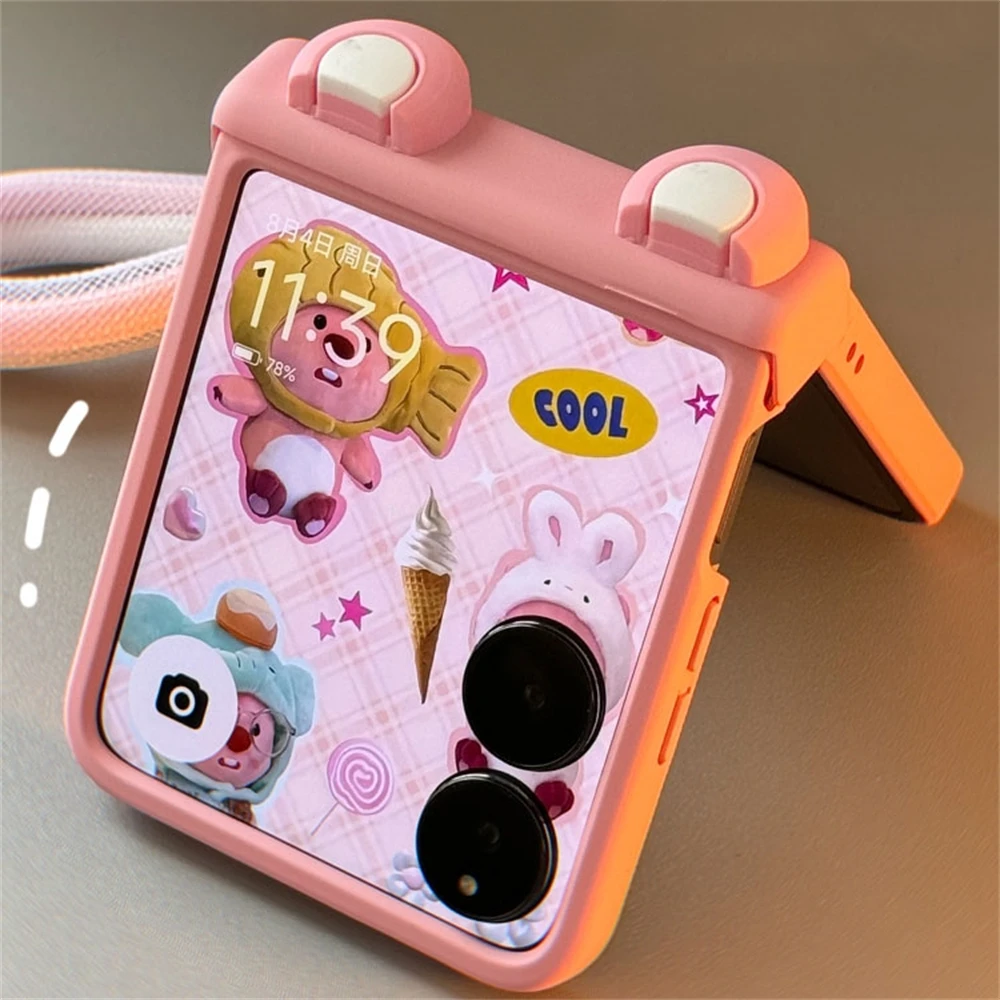 Korean Cute Cartoon Anime Pink Ear Phone Case with Hand Strap Cover