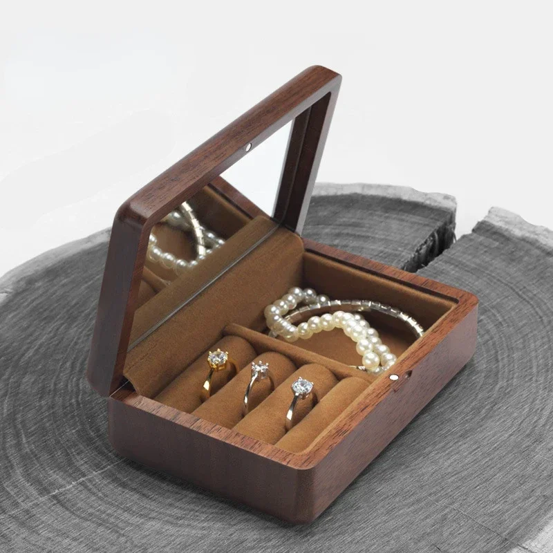 

Black Walnut Solid Wood Ring Earring Jewelry Solid Wood Storage Dustproof Box Crafts Home Travel