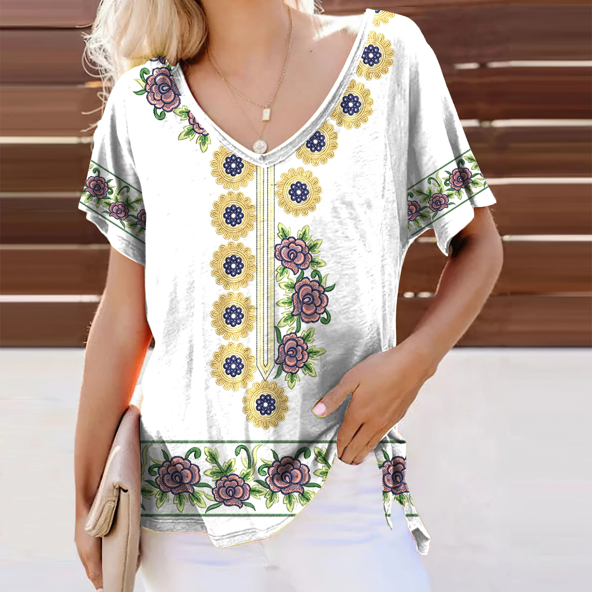 XS-8XL Women's Fashion Summer Clothes Casual O-neck Short Sleeved Tops  Ladies Retro Ethnic Style Floral Printed Blouses Loose T-shirts Plus Size  Cotton Shirts Bohemian Casual Shirts T shirts Blouse Tops