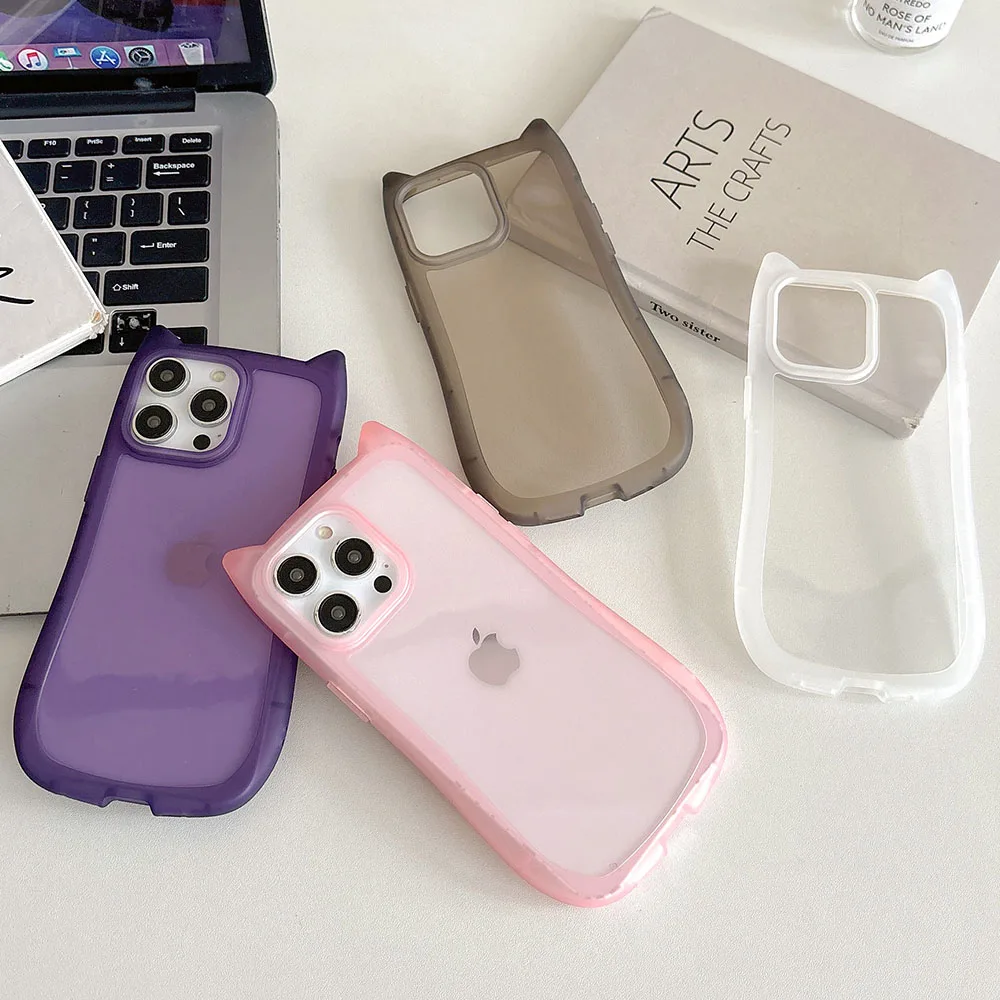 3D Cute Cartoon Cat Ears Shockproof Phone Case - Transparent Soft Matte Shell