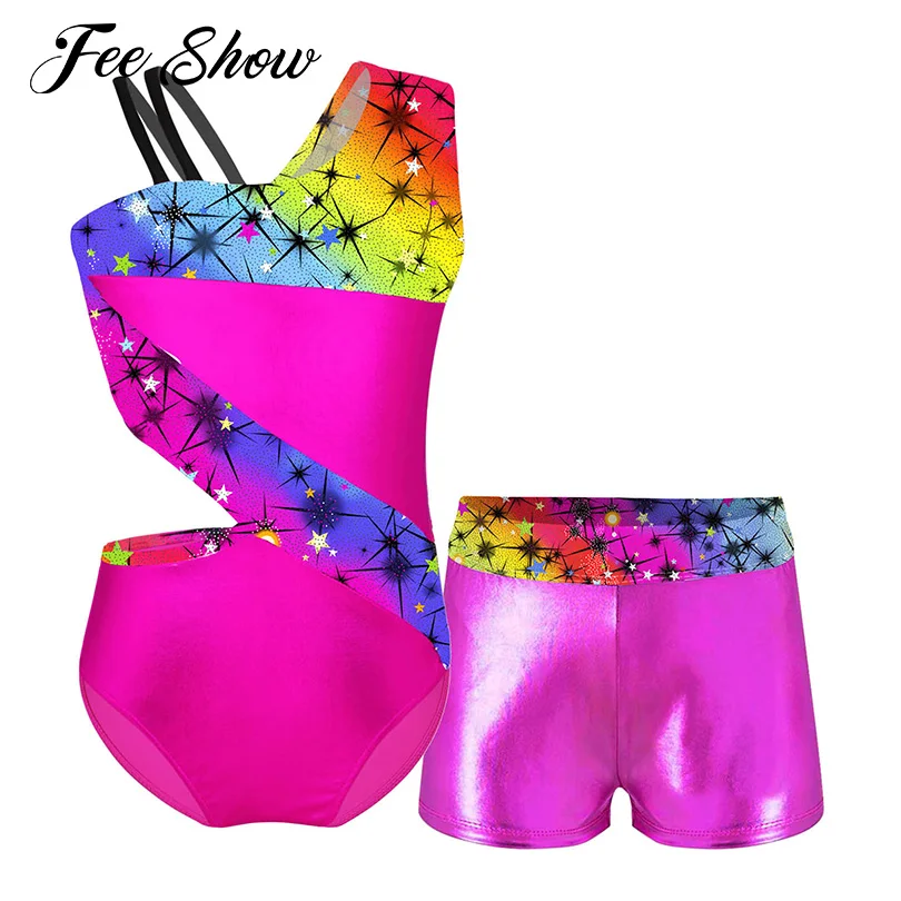 

Kids Girls Dance Costumes Asymmetrical Shoulder Cutout Printed Sports Leotard Bodysuit with Shorts Sets for Gymnastic Dancewear